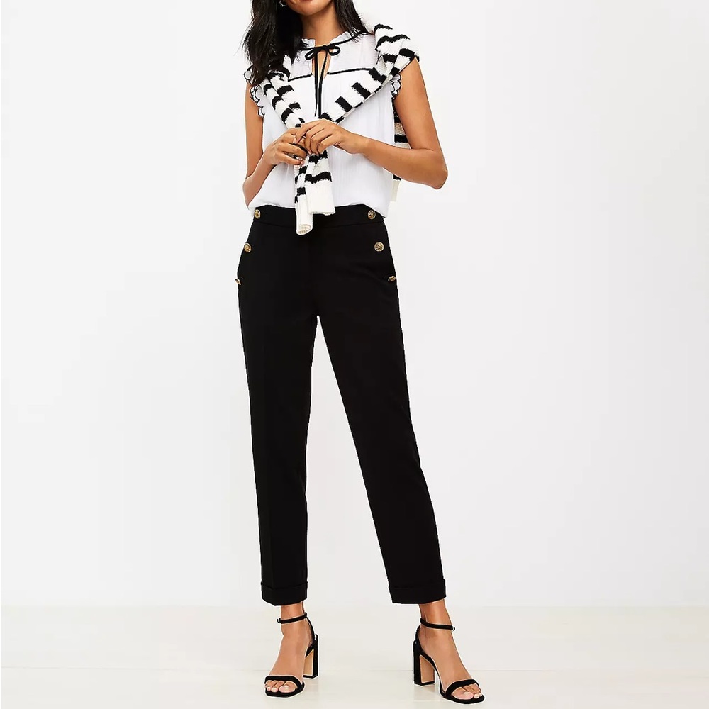 Ann Taylor Loft Marisa Black Trouser Career Sailor Gold Button Pants Sz 0
